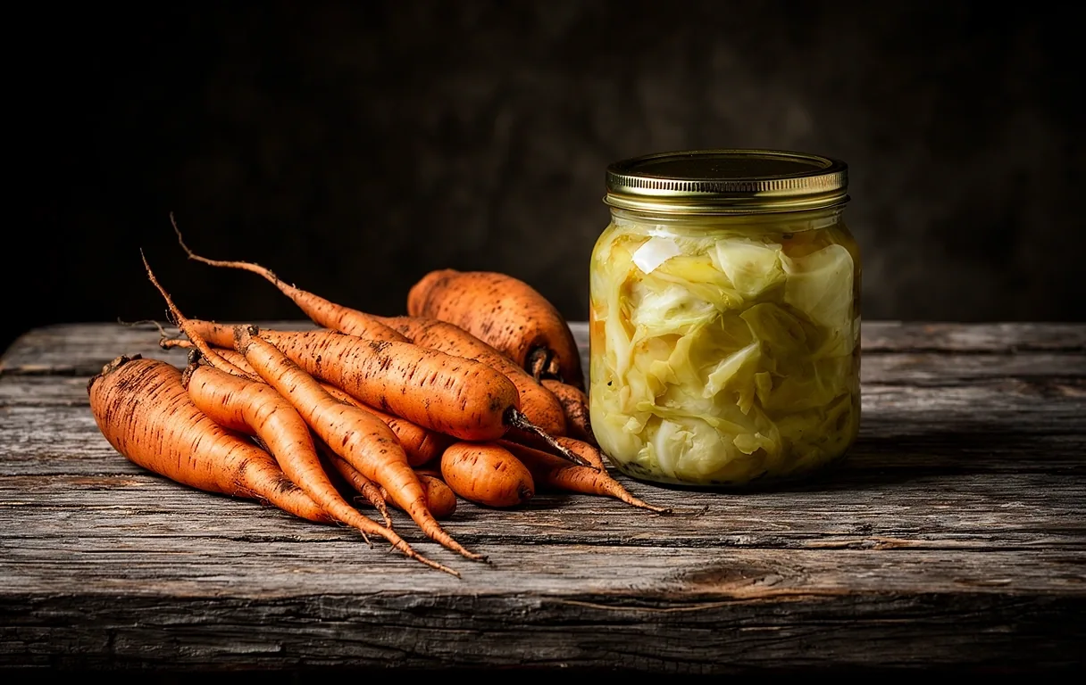 Traditional Slovak nutritional staples in a rustic setting